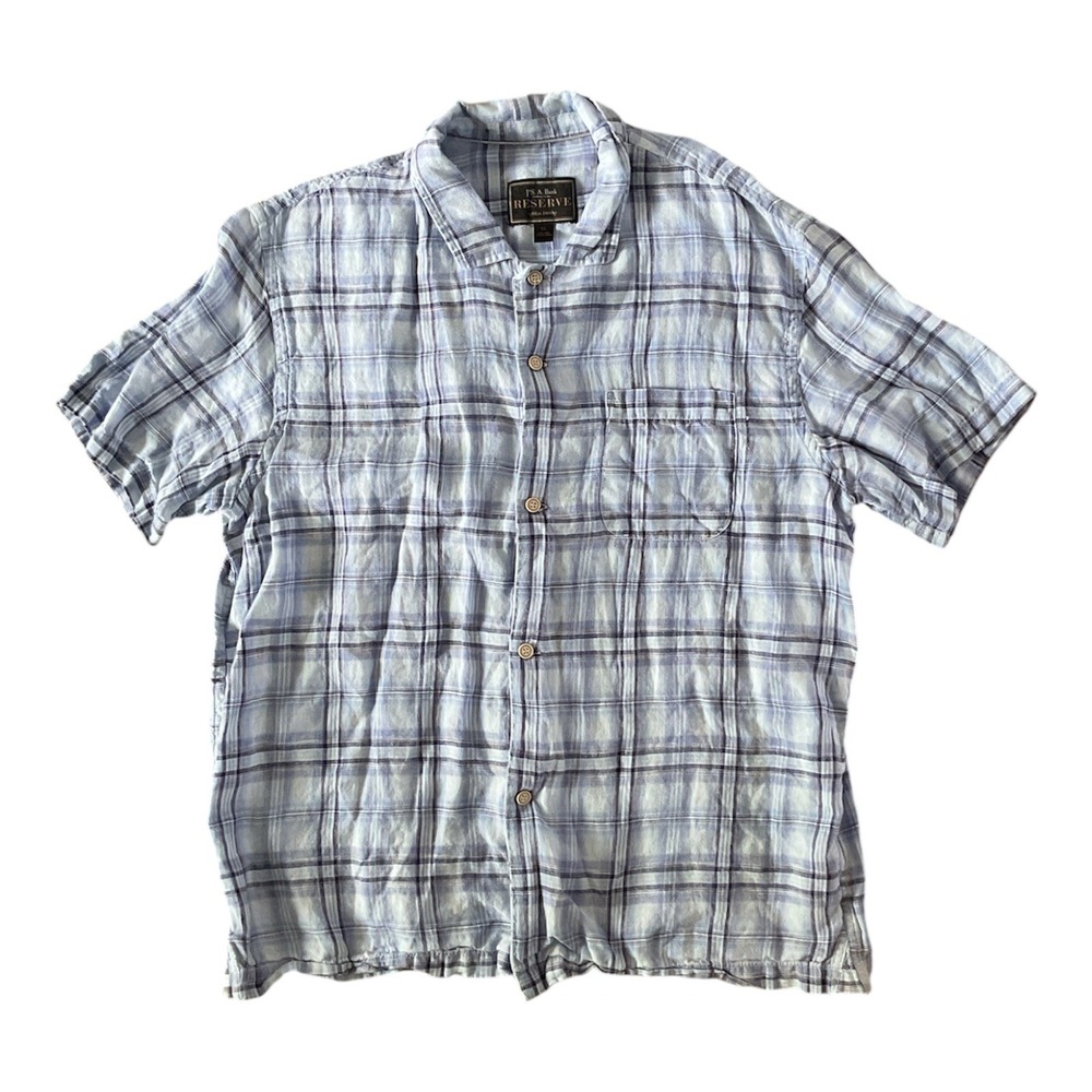 Jos A Bank Reserve 100% Linen Plaid Button Up Shirt Men's XL Blue‎ Short Sleeve